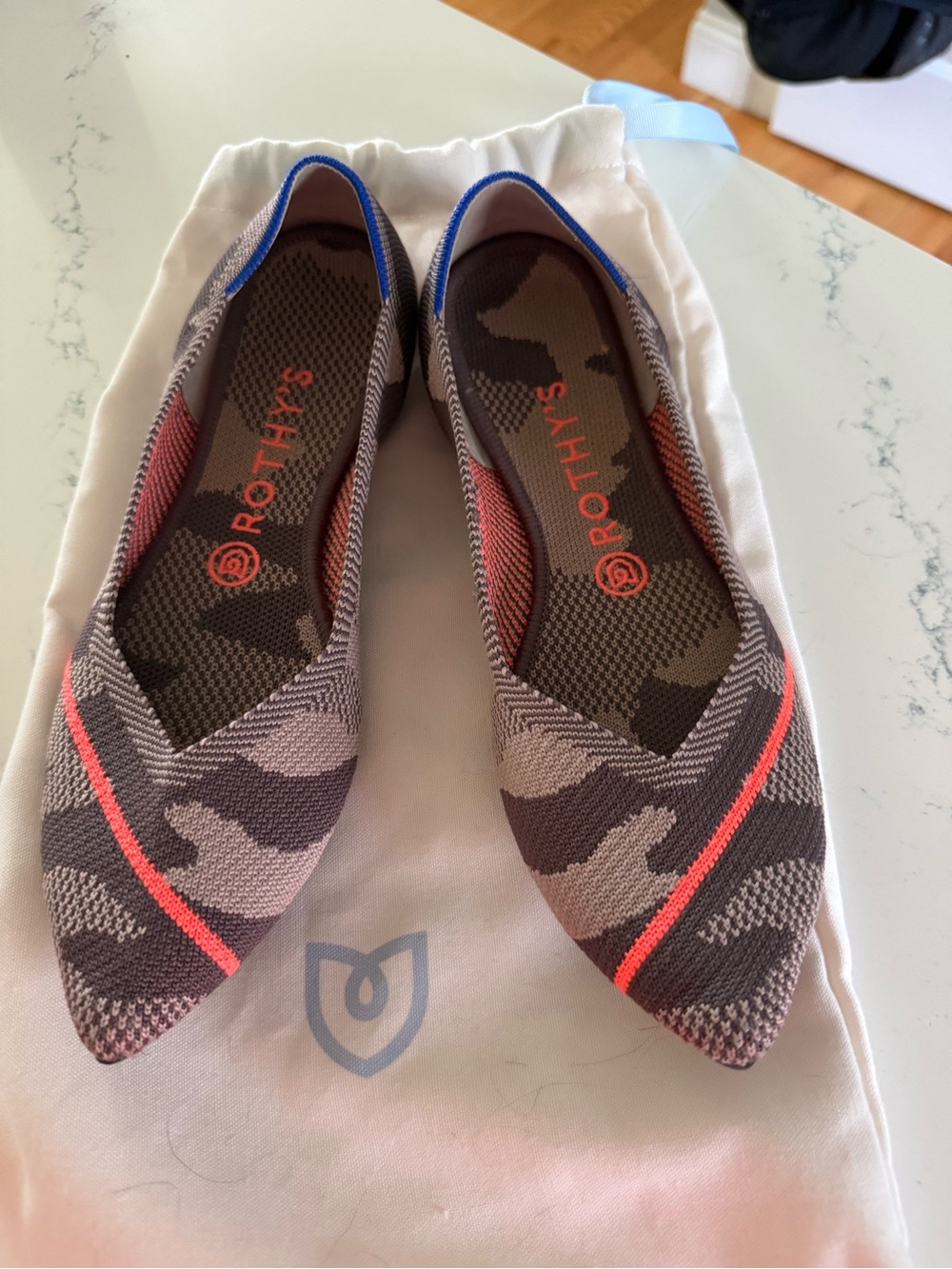 Rothy's Pointed Flat in Tan Camo with Coral Stripe and Blue Trim